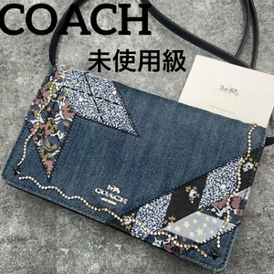 Coach Denim Blumen Nieten Schultertasche Botanisches Rosenmuster Lederbesatz Japan - Bild 1 von 24