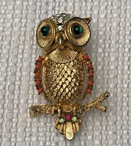Vintage seltene Coro Eule Brosche grüne Augen, Korallenflügel, Strass Kopf & Schwanz - Bild 1 von 14