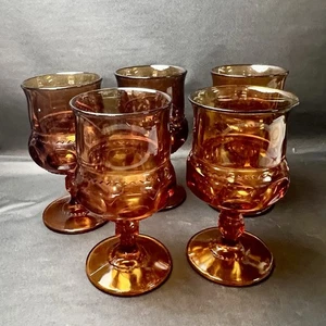 5 Colony Color Crown Amber Dark Thumbprint Stemmed Water Glasses Goblets VGUC - Picture 1 of 9