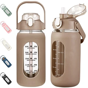 42oz Glass Water Bottles with Straw, Motivational Glass Bottle with Silicone ... - Picture 1 of 7