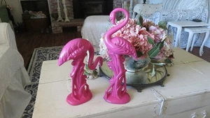 Pair Vintage HOT PINK Enchanto USA California Pottery Pink Flamingos Figurines - Picture 1 of 12