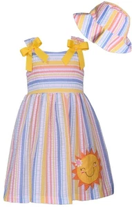 NEW Bonnie Jean Baby Girl Size 3-6M YELLOW SUNSHINE Seersucker Dress Hat Set NWT - Picture 1 of 4
