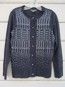 Eddie Bauer Wms M 100% Merino Wool Steel Gray L/S w Silver Studs Cardy Sweater - Picture 1 of 9