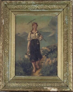 In the Manner of Hans DAHL- Girl with Rake- PAINTING -European Art 19th Century. - Picture 1 of 5