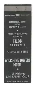 WILTSHIRE TOWERS MOTEL SAN RAFAEL CALIFORNIA Vintage Matchbook Cubierta MO57 - Imagen 1 de 2