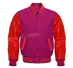 Letterman Baseball Uni heißrosa Wolle und echte rote Lederärmel Jacke - Bild 1 von 5