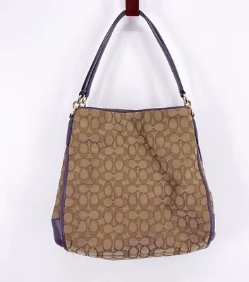 COACH Phoebe Outline Signature Bag Purse Handbag Khaki Aubergine Purple F36424  - Image 1 of 4