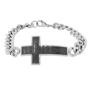 Stainless Steel Silver-Tone Religious Cross Lord's Prayer Men's Chain Bracelet - Picture 1 of 3