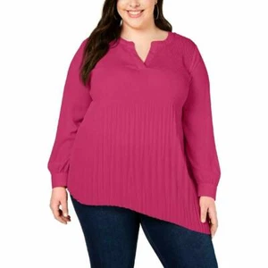 NY Collection Womens Plus Pleated Asymmeric Blouse Hot Pink 1X - Picture 1 of 8