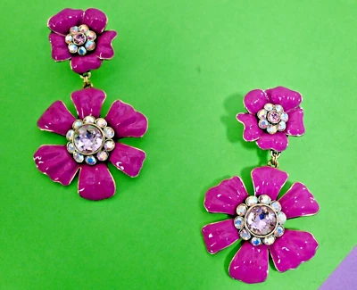 New $90 HEIDI DAUS Flower Super Power Earrings, Clip-on Crystal Fuchsia Enamel - Image 1 of 4