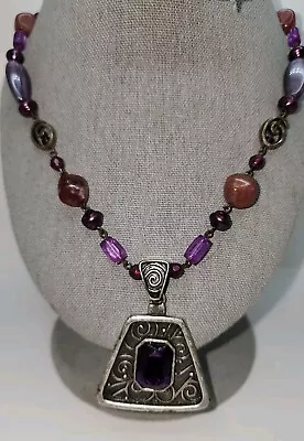 Avenue Pewter Tone Purple Faux Stone Lavender Bead Metal Artisan 16"  Necklace - Image 1 of 4