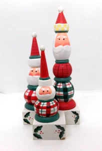 Christmas Figures Three Santas Wooden 9x5x5 In Vintage Small Chip - Picture 1 of 3