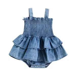 Baby Girl Denim Romper – Sleeveless Ruffle Jumpsuit with Snaps - Picture 1 of 7
