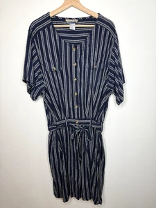 Vintage 100% Silk Exchange Shorts Romper 26W Blue Stripe Belted Travel Lagenlook - Picture 1 of 7