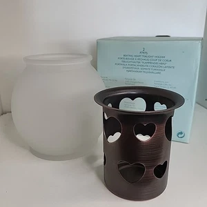PartyLite Beating Heart TeaLight Holder 2pc Set Frosted Glass Metal Insert P7975 - Picture 1 of 6