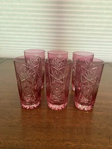 ATEMBERAUBENDES SET (6) Vintage Cranberry geschnitten auf klare Hobstar & Traube Tumbler Gläser 5,25" - Bild 1 von 18