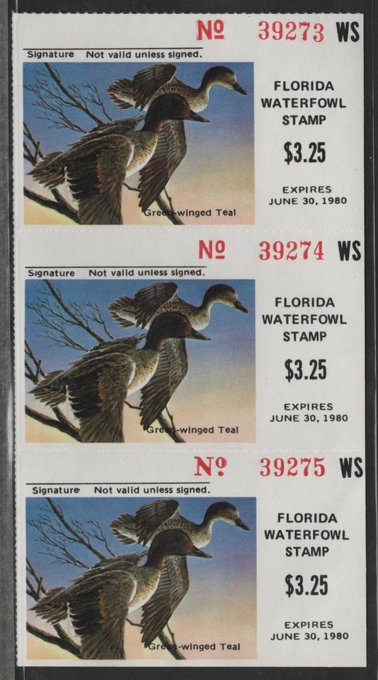 US 1979 FLORIDA WATERFOWL DUCK STAMPS STRIP OF 3 MINT NEVER HINGED SCOTT #1 - Image 1 of 2