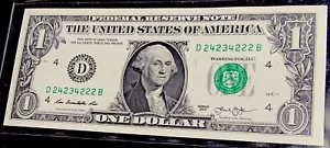 Fancy Serial Number D 24234222 B 2013 FRN CURRENCY $1 Cleveland Oh Uncirculated - Picture 1 of 2