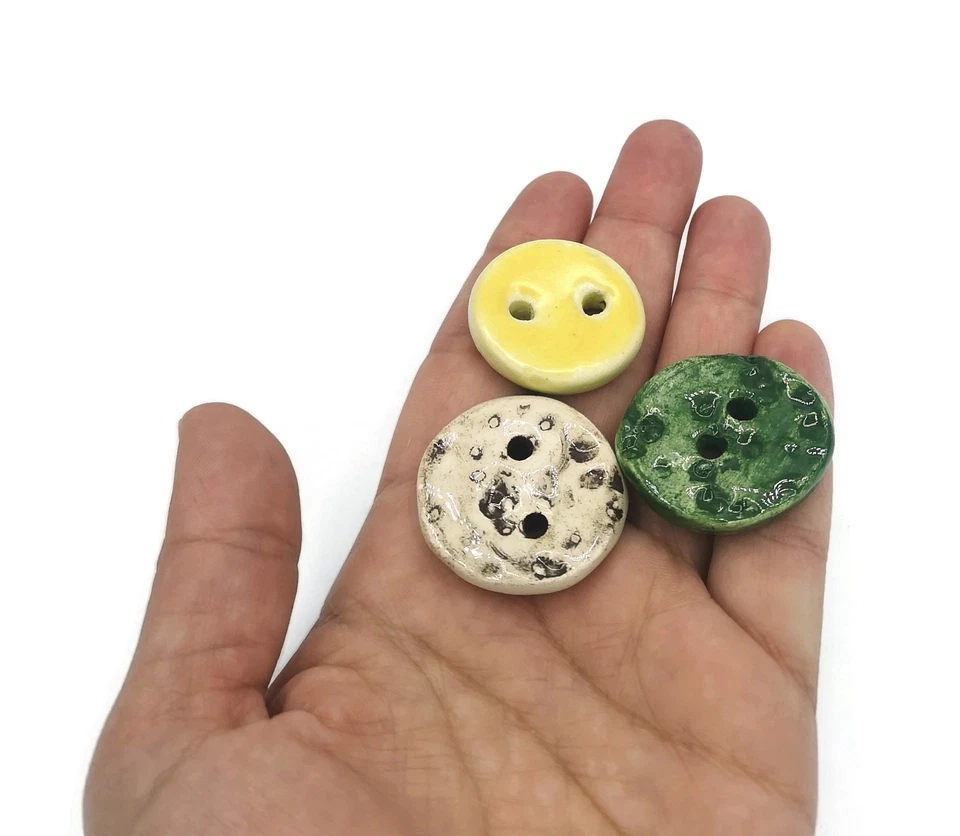 3Pc Large Handmade Ceramic Sewing Buttons Round 2 Hole Flat Back Coat Buttons - Image 1 of 4