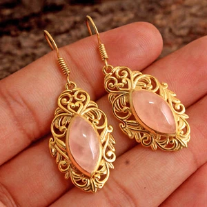 Handmade Gold Plated Earring Rose Quartz Gems 925 sterling Silver Jewelry - Picture 1 of 2