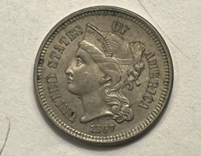 1867  Nickel Three cent  ,  AU , better  date & grade & date - Image 1 of 4