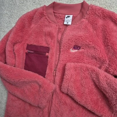 Nike Girls Jacket XL Pink Winterized Fleece Fuzzy Long Coat Full Zip Logo Barbie - Image 1 of 4