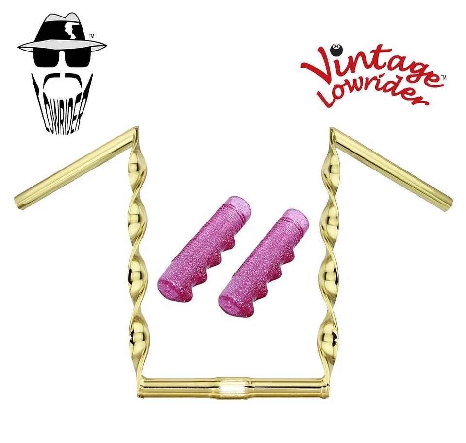 Manillar trenzado plano Lowrider 15" de colección 25,4 mm dorado, 120 mm rosa brillante empuñaduras Foto 1 de 1
