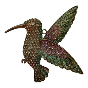 Vintage Brass Hummingbird Christmas Ornament Green Pink Rhinestone Jewels 3 in. - Picture 1 of 11