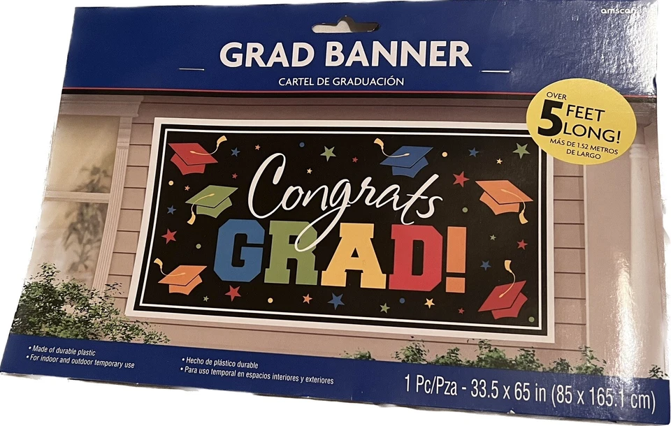 amscan Congrats Grad Graduation Party Banner, Horizontal Multicolor, Plastic,... - Image 1 of 2