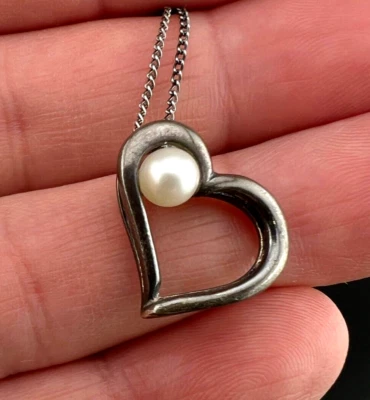 Collar Colgante Corazón Abierto Plata Esterlina 925 Vintage Acento Perla 19" Delicado Foto 1 de 4