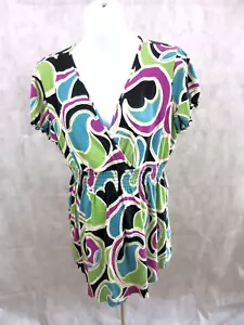 Duo Maternity Top Sz XL Short Sleeve V Neck Purple Green Empire Waist - Picture 1 of 9