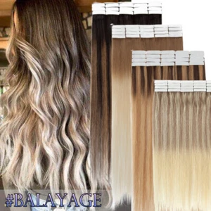 THICK 100g Tape In Glue 100% Remy Human Hair Extensions Weft FULL HEAD Balayage - Picture 1 of 46