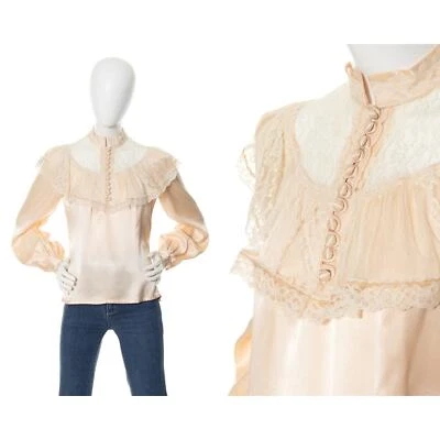 Vintage 1970s Blouse 70s GUNNE SAX Cream Satin Lace Victorian Revival Boho Top - Image 1 of 4