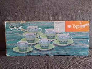 Tognana Italy mediterran 6 Stück blau/grün Teetassen & Untertassen - neu & unbenutzt  - Bild 1 von 6