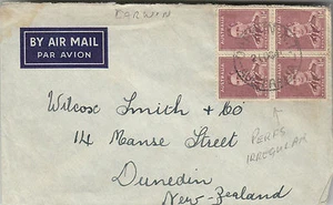 Stamps Australia 1&1/2d brown KGV1 block of 4 on cover Darwin to New Zealand - Picture 1 of 1