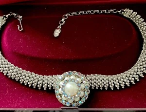 1960S VINTAGE SIGNED CORO BLUE AURORA &FAUX PEARL ARTICULATED COLLAR NECKLACE - Picture 1 of 9
