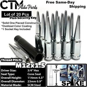 20x 4.5" Tall 12x1.5 Chrome Spike Lug Nut 3/4" Hex + Key Fit Volvo & More - Picture 1 of 4
