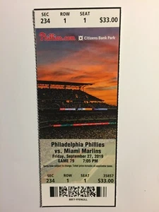PHILADELPHIA PHILLIES VS MIAMI MARLINS 27. SEPTEMBER 2019 TICKET STUB - Bild 1 von 1