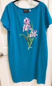 NWT BOB MACKIE Wearable Art Blue Floral Embroidered Pullover T Shirt Dress Sz XL - Picture 1 of 9