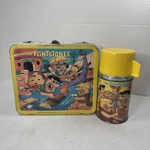 Vintage 1964 Flintstones Metal Yellow Lunch Box Thermos By Aladdin Fred Barney - Picture 1 of 16