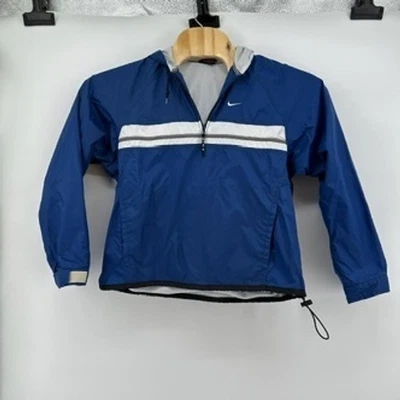 Chaqueta cortavientos vintage Nike pequeña pulóver azul blanco a rayas con capucha para mujer Foto 1 de 4