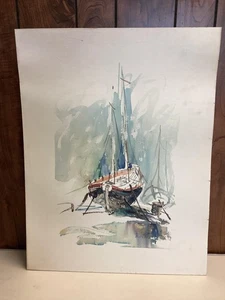 Pintura acuarela velero vintage escena puerto firmado arte náutico original - Imagen 1 de 11