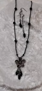 DTC"S.S Collection"Necklace-Sterling Flower Pendant w/Black Leaves Inc. Earrings - Picture 1 of 4