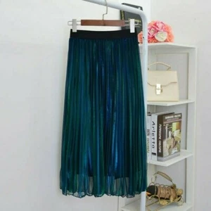 Mesh Skirt Metallic Pleated Midi Dress A-Line Glitter Shiny Casual Elastic Waist - Picture 1 of 16