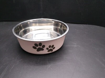 STAINLESS STEEL Non Skid Bella Dog Designer Bowl Pink w/ Brown Paws 5.50"   - Image 1 of 4