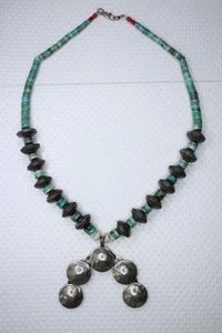 Native Turquoise & Coins Bead Sterling Silver Squash Blossom Necklace 132g 20'' - Picture 1 of 7
