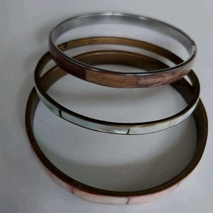 3 Vintage Inlay Bangles Brown Cream Bracelets Hippy Bohemian 2 Brass Lined - Picture 1 of 7