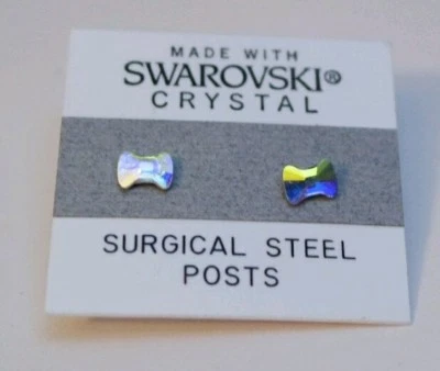 Blue Silver Bow Stud Earrings 6mm Small Crystal Made with Swarovski Elements AB - Image 1 of 2