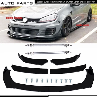 For Volkswagen Polo Front Bumper Lip Spoiler Splitter Strut Rod Gloss Black Foto 1 de 4