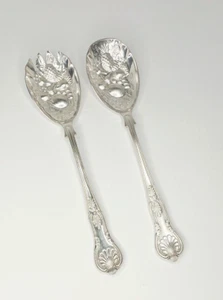 Servizio cucchiaio e forchetta insalata bacche massicce Kings vintage 8" placcato argento Inghilterra - Foto 1 di 7
